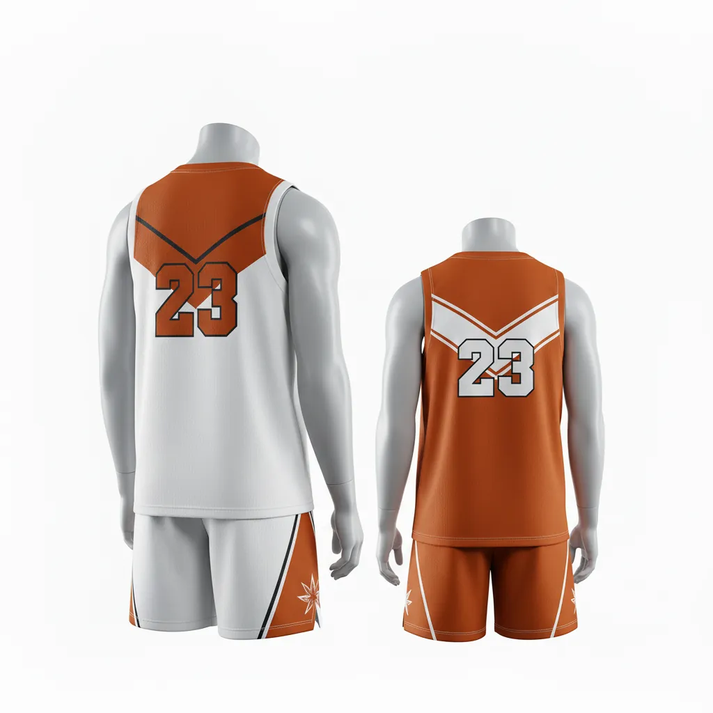 Custom Basketball Reversible Basketball Uniform - White, Burnt, Orange... - Reversible Roundneck Chevron Pattern - Back View - HAMCO Sports Inc.