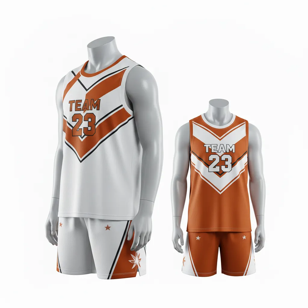 Custom Basketball Reversible Basketball Uniform - White, Burnt, Orange... - Reversible Roundneck Chevron Pattern - Front View - HAMCO Sports Inc.