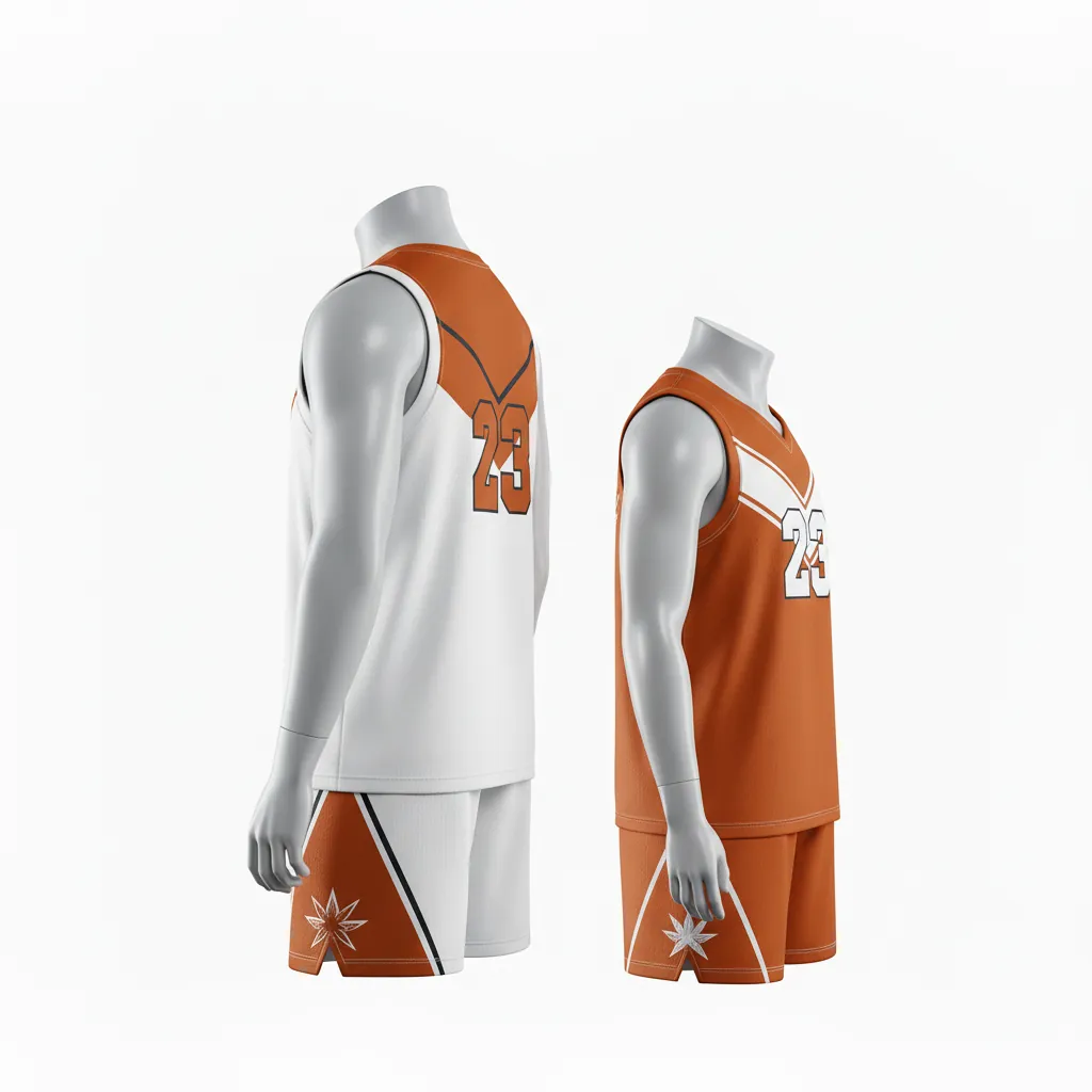 Custom Basketball Reversible Basketball Uniform - White, Burnt, Orange... - Reversible Roundneck Chevron Pattern - Side View - HAMCO Sports Inc.