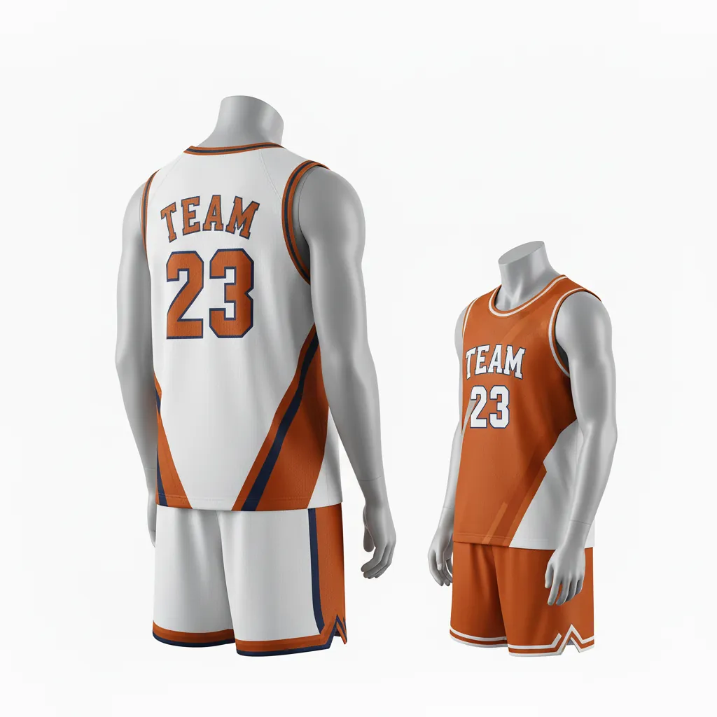 Custom Basketball Reversible Basketball Uniform - White, Burnt, Orange... - Reversible Roundneck Asymmetric Angular - Back View - HAMCO Sports Inc.
