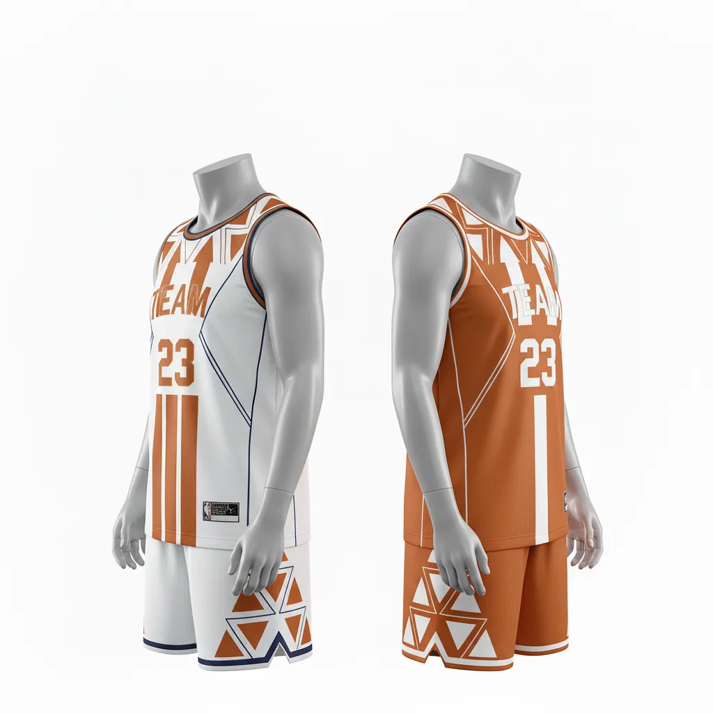 Custom Basketball Reversible Basketball Uniform - White, Burnt, Orange... - Reversible Roundneck Vertical Stripes - Front View - HAMCO Sports Inc.