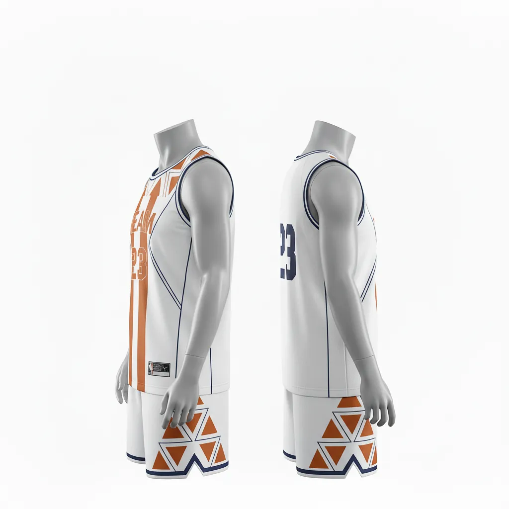 Custom Basketball Reversible Basketball Uniform - White, Burnt, Orange... - Reversible Roundneck Vertical Stripes - Side View - HAMCO Sports Inc.