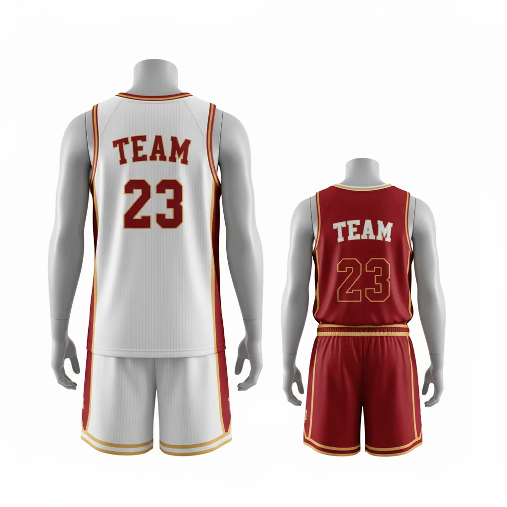 Custom Basketball Reversible Basketball Uniform - White, Red, Gold - Reversible Roundneck Cardinal Side Panel Block - Back View - HAMCO Sports Inc.