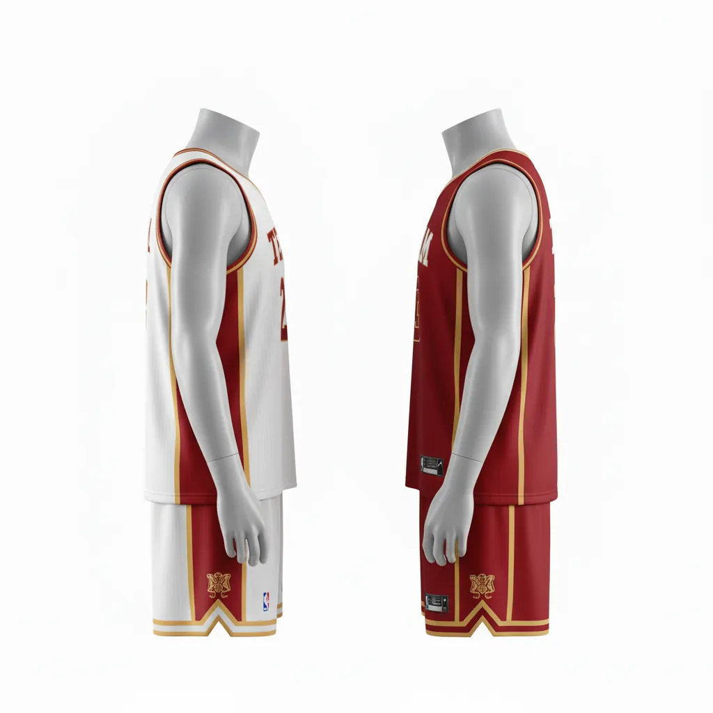 Custom Basketball Reversible Basketball Uniform - White, Red, Gold - Reversible Roundneck Cardinal Side Panel Block - Side View - HAMCO Sports Inc.