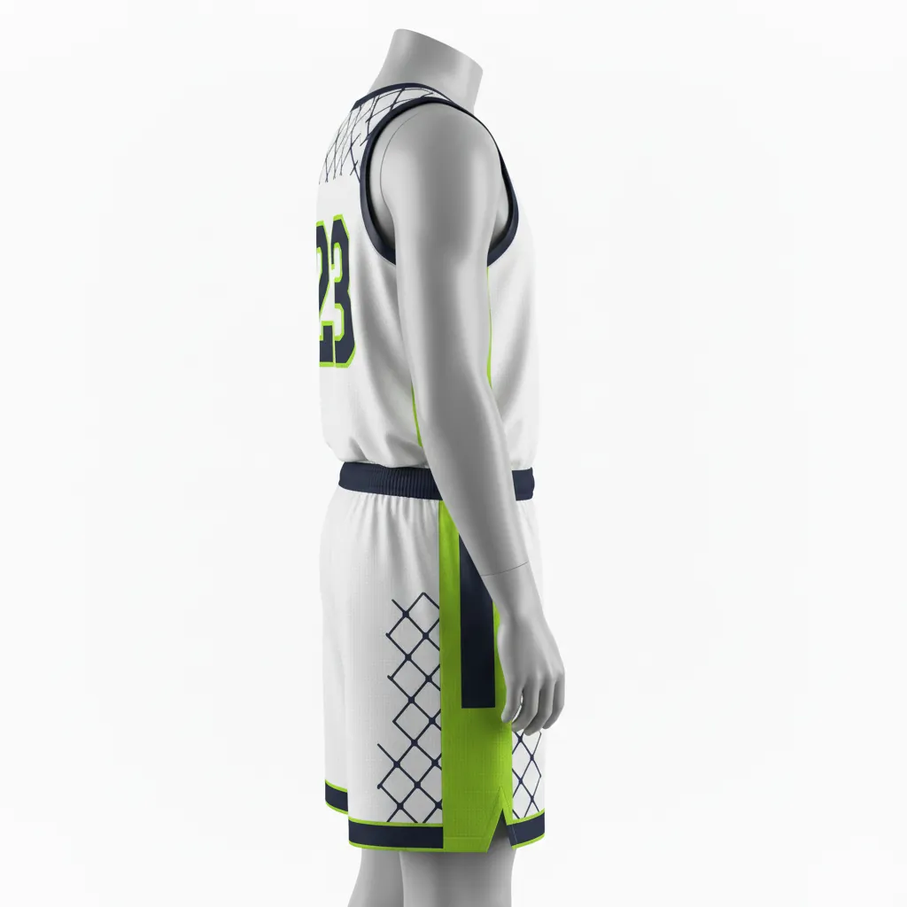 Custom Basketball Round Neck Basketball Uniform - White, Black, Gold - Roundneck Retro Color Block - Side View - HAMCO Sports Inc.