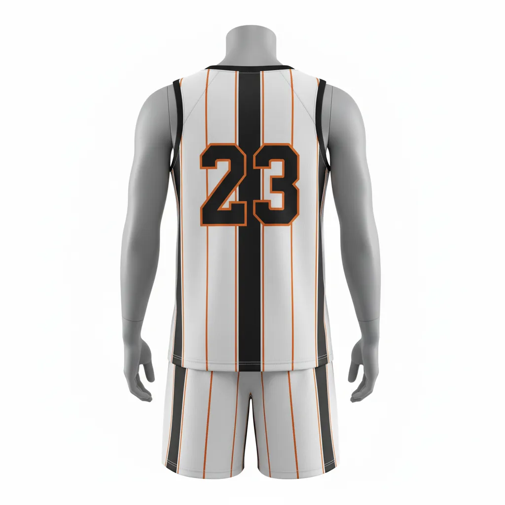 Custom Basketball Round Neck Basketball Uniform - White, Black, Orange - Roundneck Vertical Stripes - Back View - HAMCO Sports Inc.