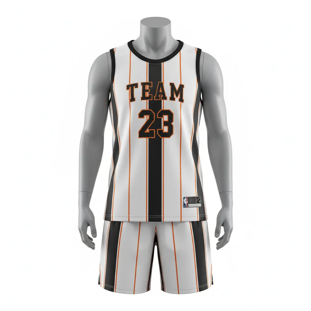 Custom Basketball Round Neck Basketball Uniform - White, Black, Orange - Roundneck Vertical Stripes - Front View - HAMCO Sports Inc.