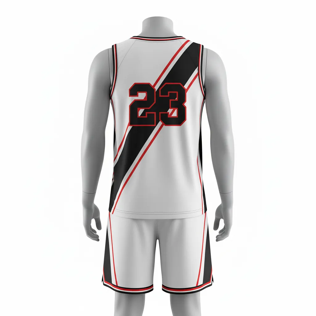 Custom Basketball Round Neck Basketball Uniform - White, Black, Red - Roundneck Diagonal Slash - Back View - HAMCO Sports Inc.