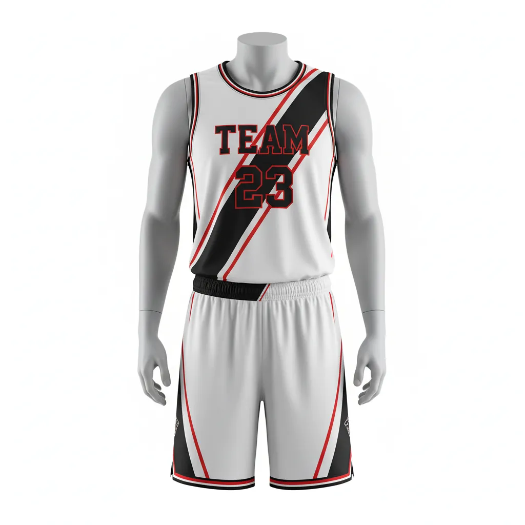 Custom Basketball Round Neck Basketball Uniform - White, Black, Red - Roundneck Diagonal Slash - Front View - HAMCO Sports Inc.