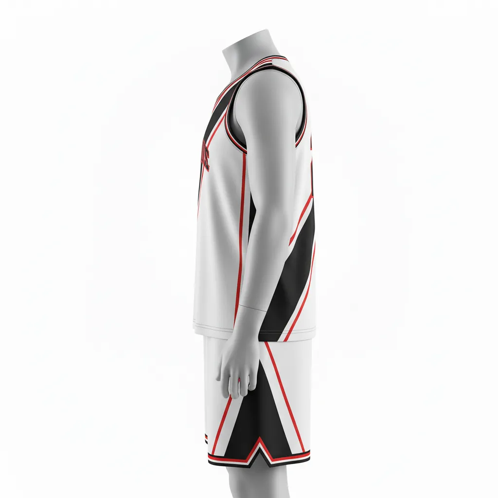 Custom Basketball Round Neck Basketball Uniform - White, Black, Red - Roundneck Diagonal Slash - Side View - HAMCO Sports Inc.