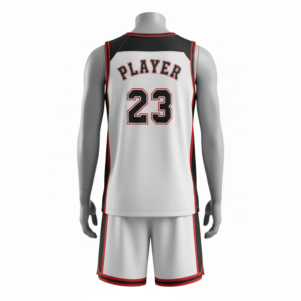Custom Basketball Round Neck Basketball Uniform - White, Black, Red - Roundneck Retro Color Block - Back View - HAMCO Sports Inc.
