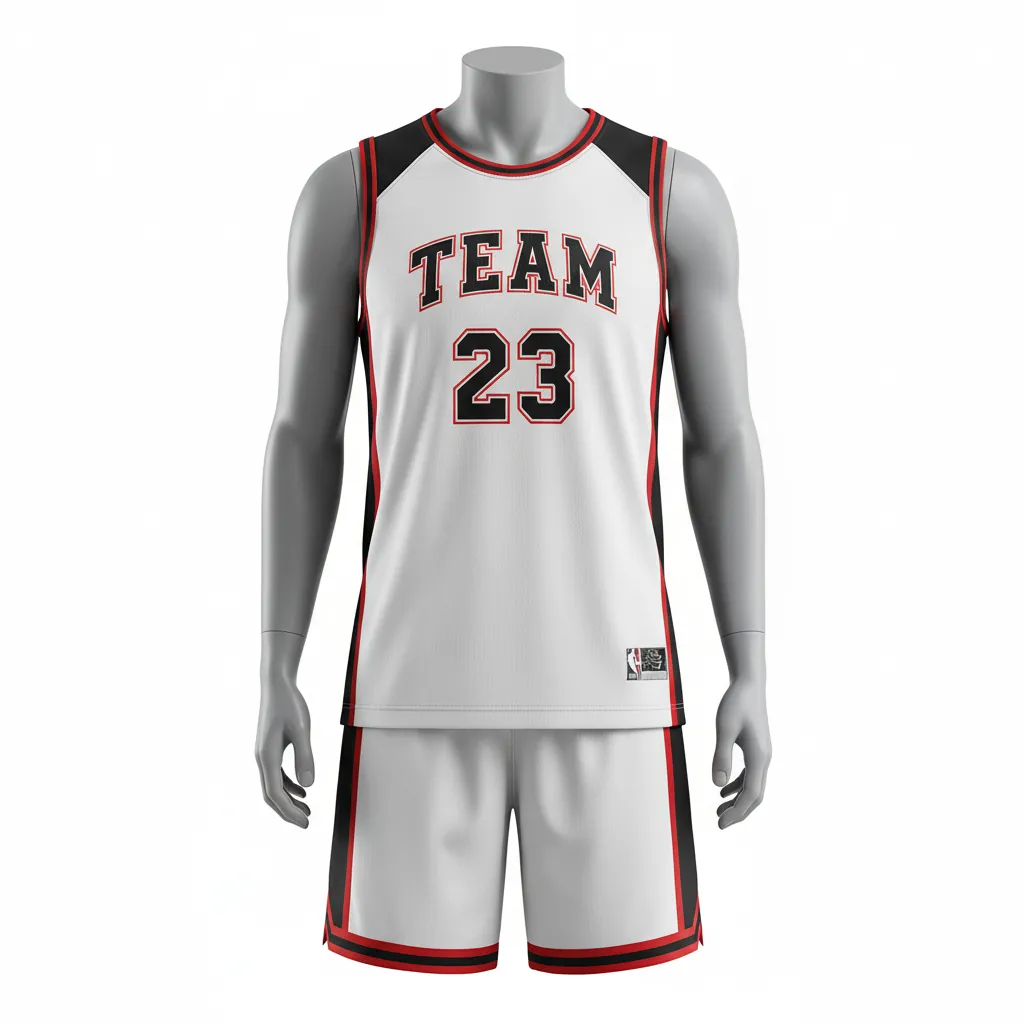 Custom Basketball Round Neck Basketball Uniform - White, Black, Red - Roundneck Retro Color Block - Front View - HAMCO Sports Inc.