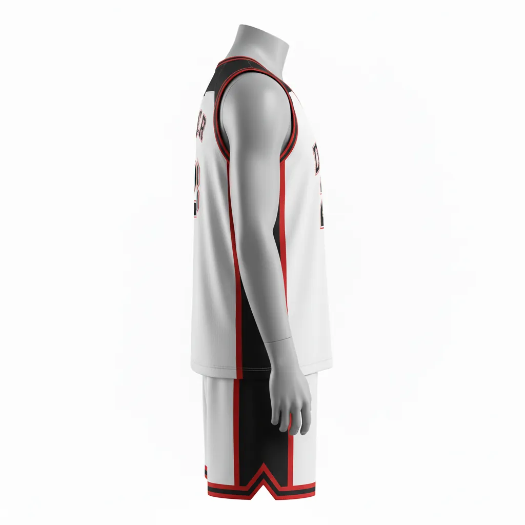Custom Basketball Round Neck Basketball Uniform - White, Black, Red - Roundneck Retro Color Block - Side View - HAMCO Sports Inc.