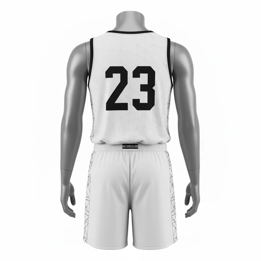 Custom Basketball Round Neck Basketball Uniform - White, Black, White - Roundneck Texture Pattern - Back View - HAMCO Sports Inc.