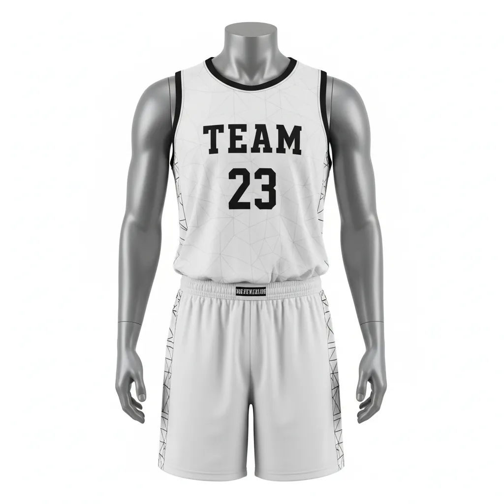 Custom Basketball Round Neck Basketball Uniform - White, Black, White - Roundneck Texture Pattern - Front View - HAMCO Sports Inc.