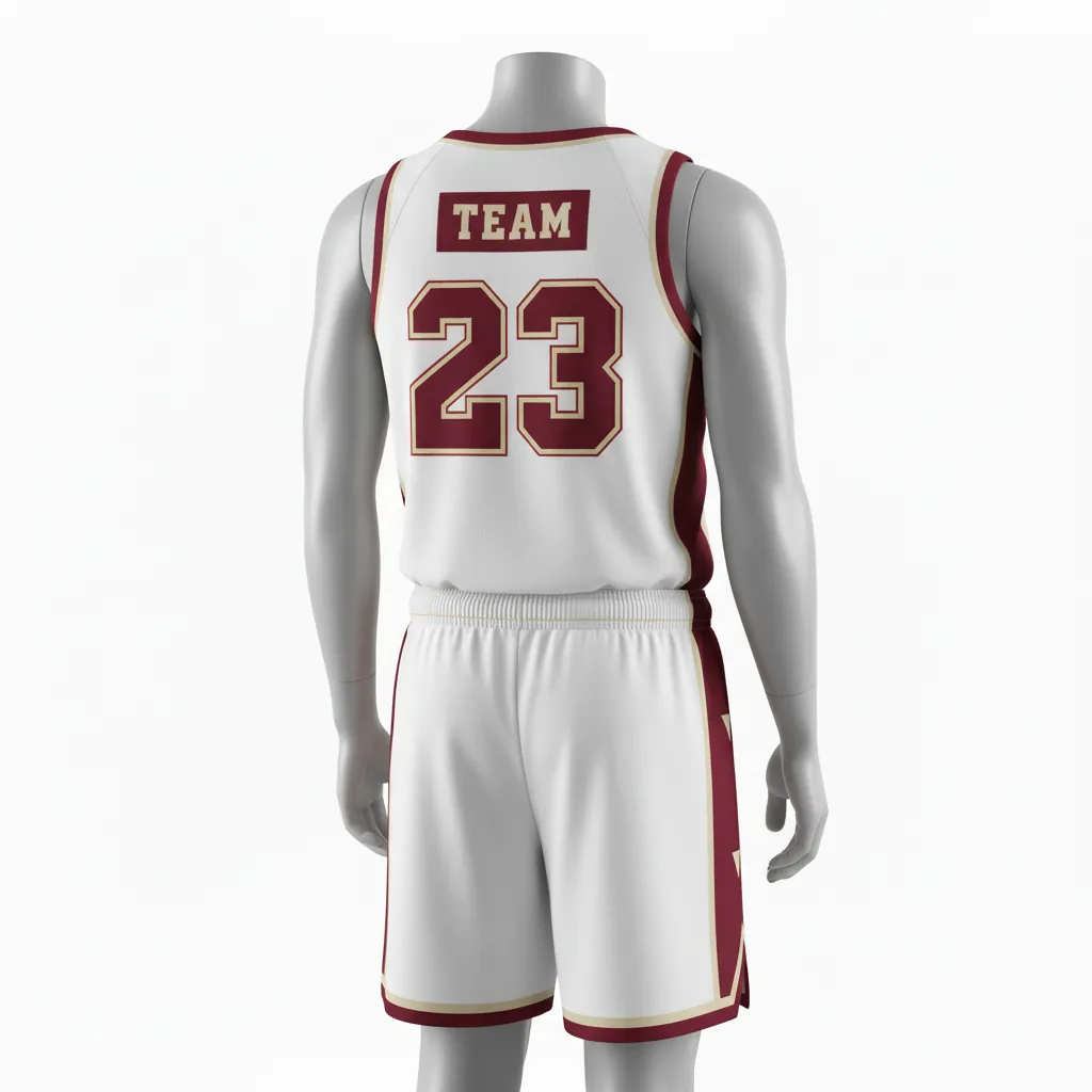 Custom Basketball Round Neck Basketball Uniform - White, Burgundy, Cream - Roundneck Vertical Stripes - Back View - HAMCO Sports Inc.