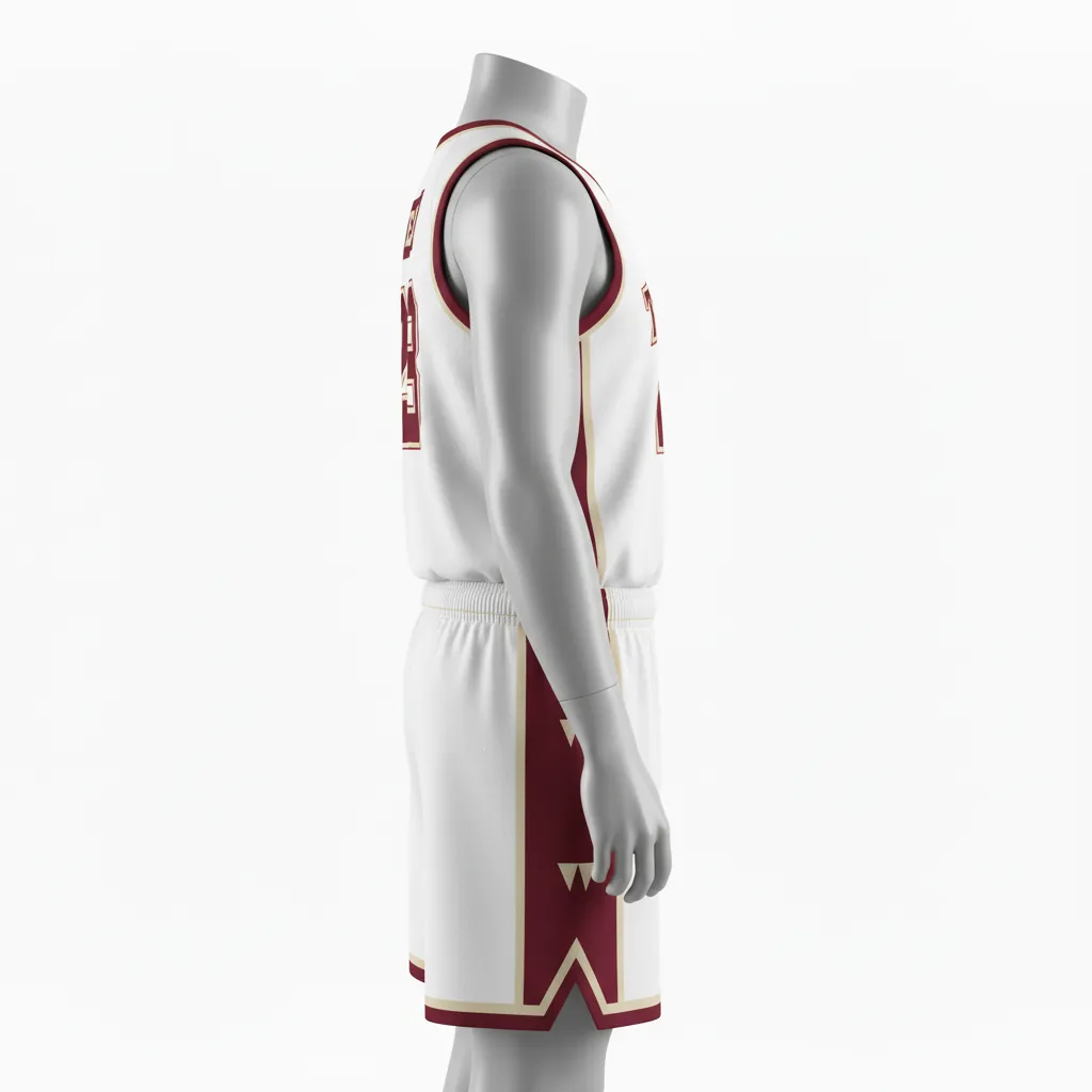 Custom Basketball Round Neck Basketball Uniform - White, Burgundy, Cream - Roundneck Vertical Stripes - Side View - HAMCO Sports Inc.