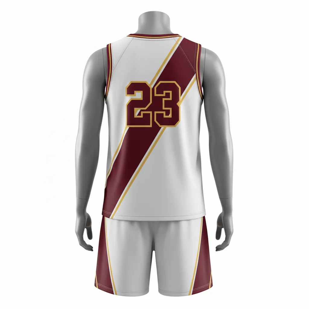 Custom Basketball Round Neck Basketball Uniform - White, Burgundy, Gold - Roundneck Diagonal Slash - Back View - HAMCO Sports Inc.