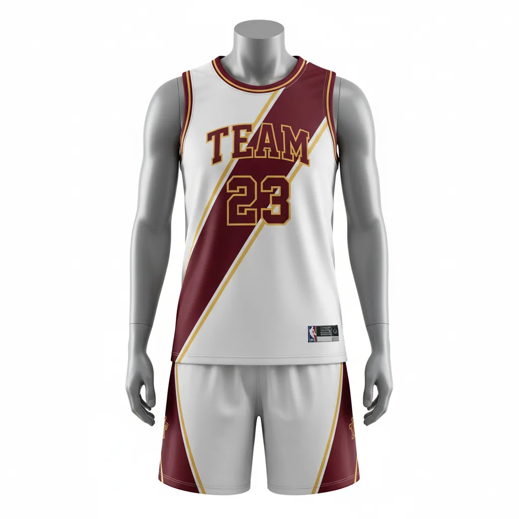Custom Basketball Round Neck Basketball Uniform - White, Burgundy, Gold - Roundneck Diagonal Slash - Front View - HAMCO Sports Inc.
