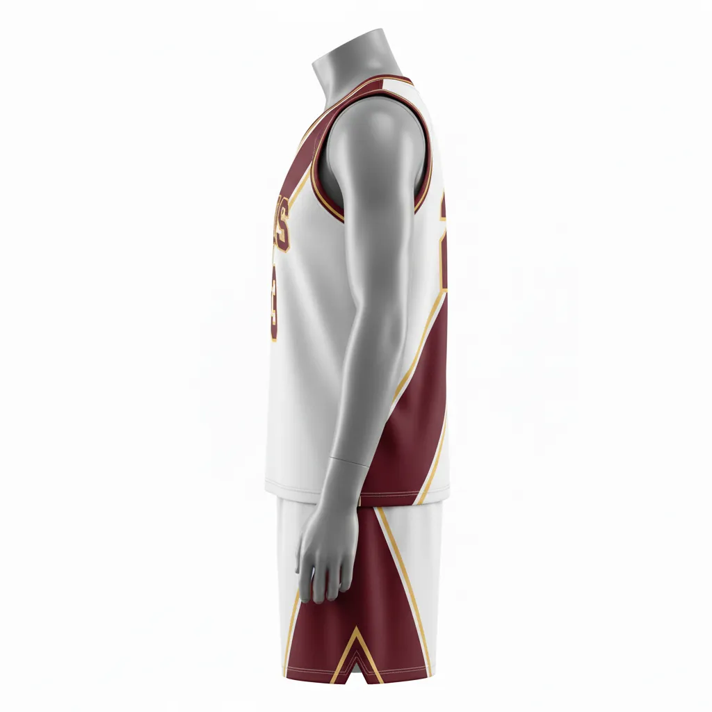 Custom Basketball Round Neck Basketball Uniform - White, Burgundy, Gold - Roundneck Diagonal Slash - Side View - HAMCO Sports Inc.