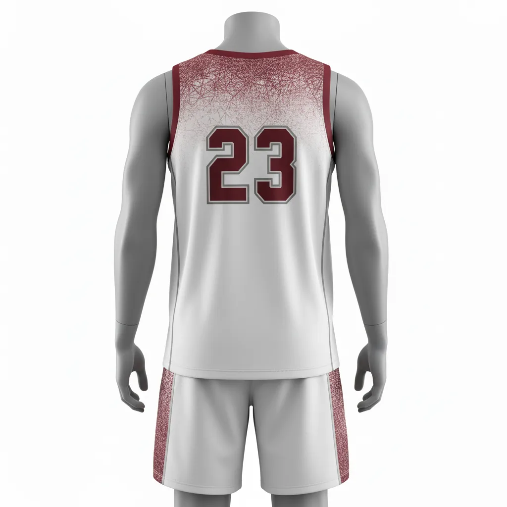 Custom Basketball Round Neck Basketball Uniform - White, Burgundy, Silver - Roundneck Texture Pattern - Back View - HAMCO Sports Inc.