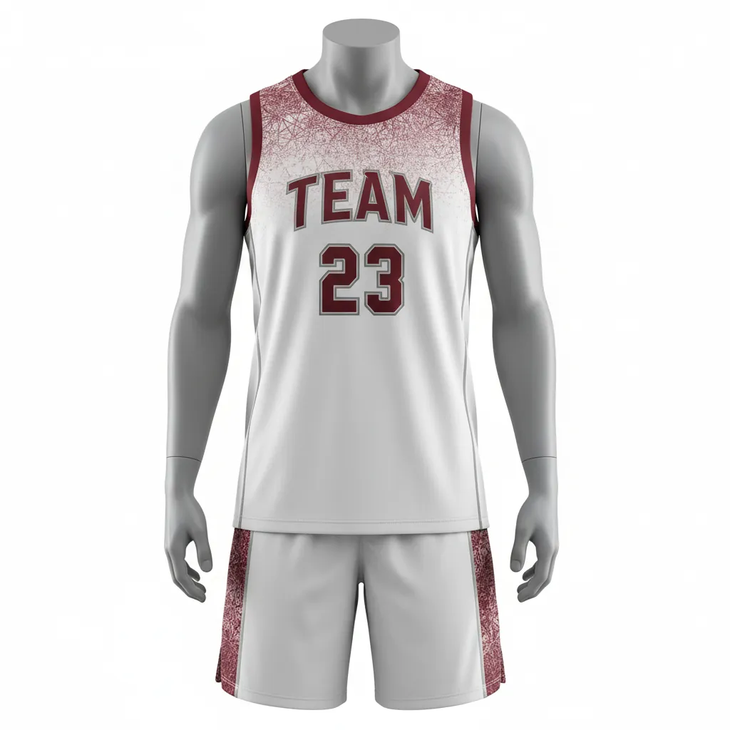 Custom Basketball Round Neck Basketball Uniform - White, Burgundy, Silver - Roundneck Texture Pattern - Front View - HAMCO Sports Inc.