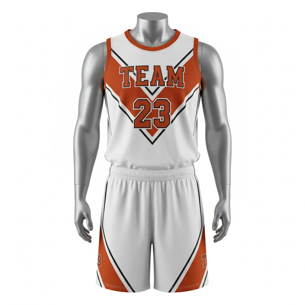 Custom Basketball Round Neck Basketball Uniform - White, Burnt, Orange... - Roundneck Chevron Pattern - Front View - HAMCO Sports Inc.