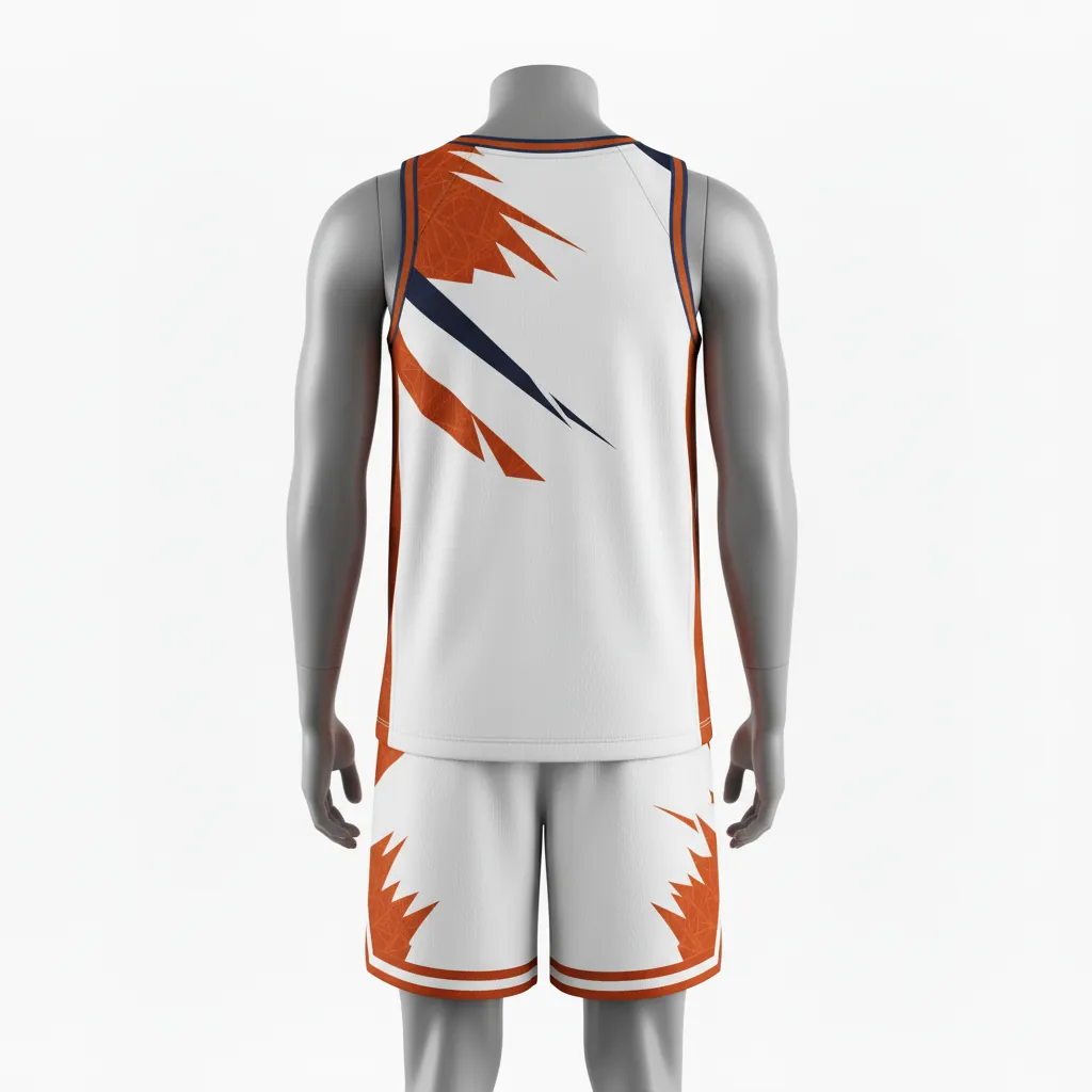 Custom Basketball Round Neck Basketball Uniform - White, Burnt, Orange... - Roundneck Asymmetric Angular - Back View - HAMCO Sports Inc.