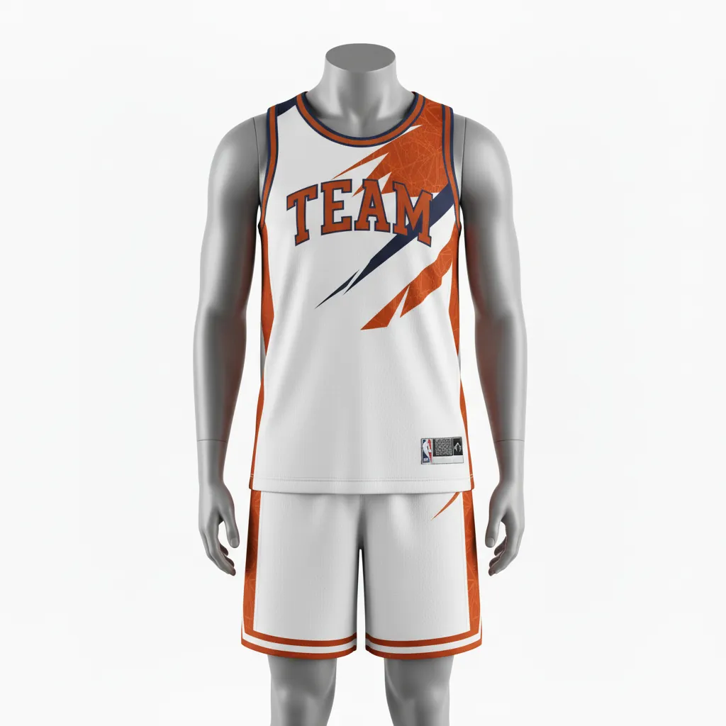 Custom Basketball Round Neck Basketball Uniform - White, Burnt, Orange... - Roundneck Asymmetric Angular - Front View - HAMCO Sports Inc.