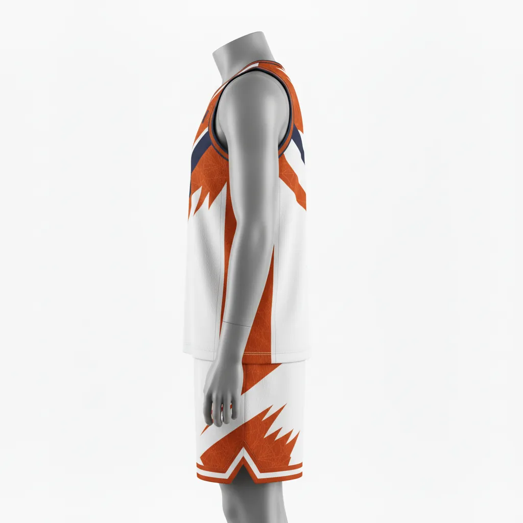 Custom Basketball Round Neck Basketball Uniform - White, Burnt, Orange... - Roundneck Asymmetric Angular - Side View - HAMCO Sports Inc.