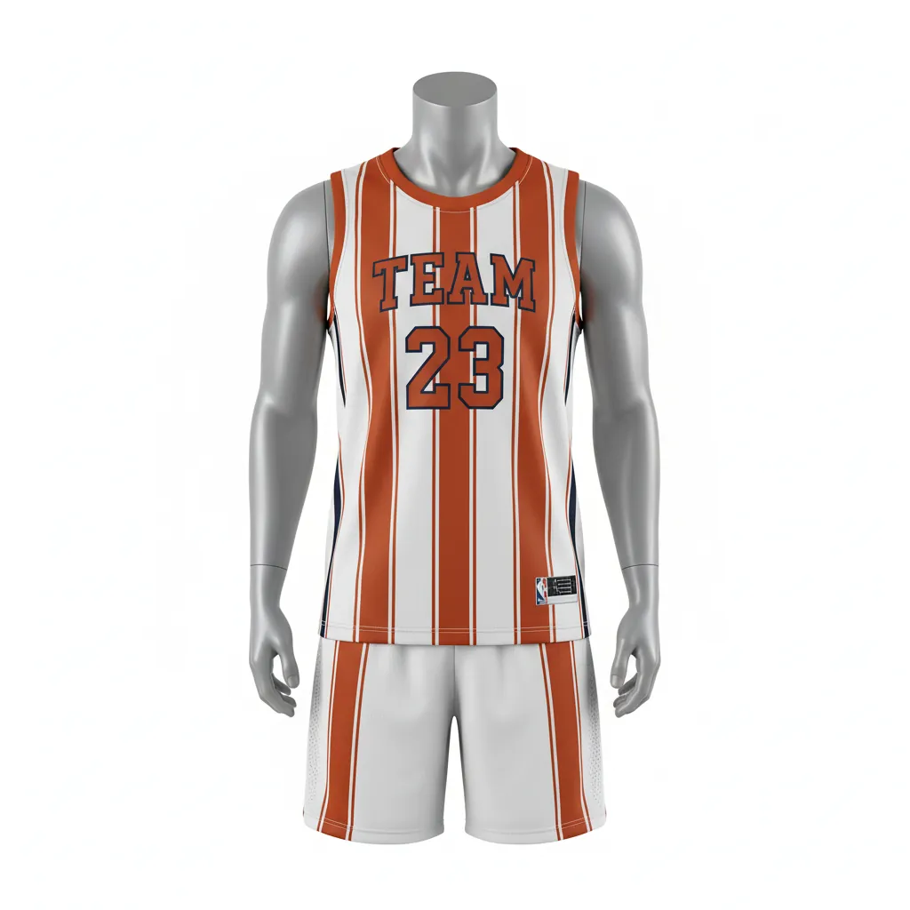 Custom Basketball Round Neck Basketball Uniform - White, Burnt, Orange... - Roundneck Vertical Stripes - Front View - HAMCO Sports Inc.