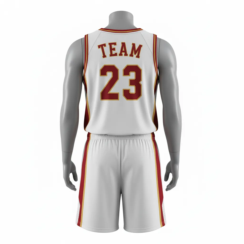 Custom Basketball Round Neck Basketball Uniform - White, Red, Gold - Roundneck Cardinal Side Panel Block - Back View - HAMCO Sports Inc.