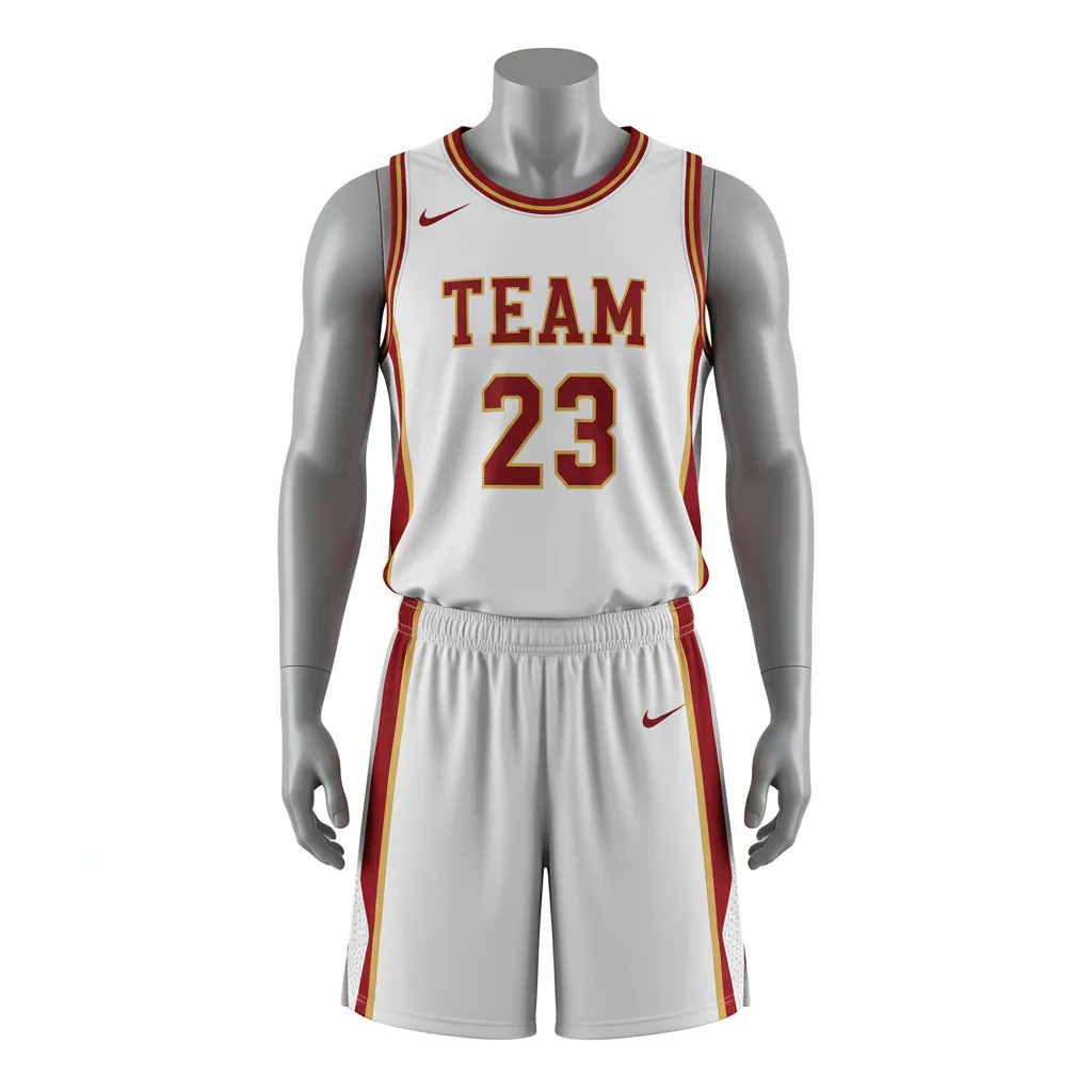 Custom Basketball Round Neck Basketball Uniform - White, Red, Gold - Roundneck Cardinal Side Panel Block - Front View - HAMCO Sports Inc.