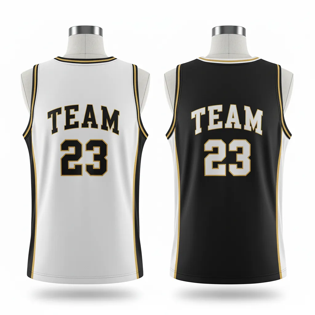 Custom Basketball Round Neck Reversible Jersey - White, Black, Gold - Reversible Roundneck Jersey Retro Color Block - Back View - HAMCO Sports Inc.
