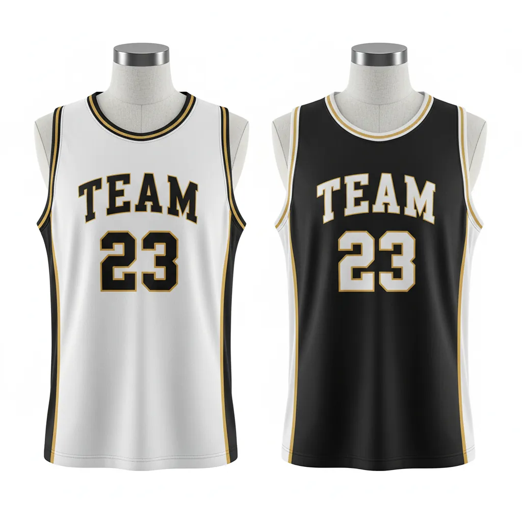 Custom Basketball Round Neck Reversible Jersey - White, Black, Gold - Reversible Roundneck Jersey Retro Color Block - Front View - HAMCO Sports Inc.
