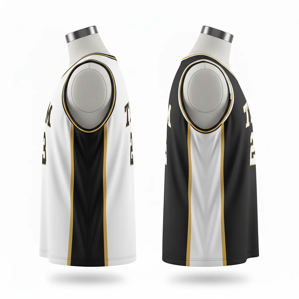 Custom Basketball Round Neck Reversible Jersey - White, Black, Gold - Reversible Roundneck Jersey Retro Color Block - Side View - HAMCO Sports Inc.
