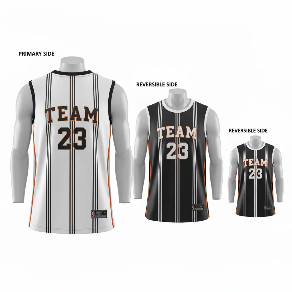 Custom Basketball Round Neck Reversible Jersey - White, Black, Orange - Reversible Roundneck Jersey Vertical Stripes - Back View - HAMCO Sports Inc.
