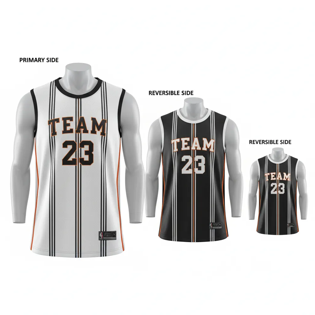 Custom Basketball Round Neck Reversible Jersey - White, Black, Orange - Reversible Roundneck Jersey Vertical Stripes - Front View - HAMCO Sports Inc.