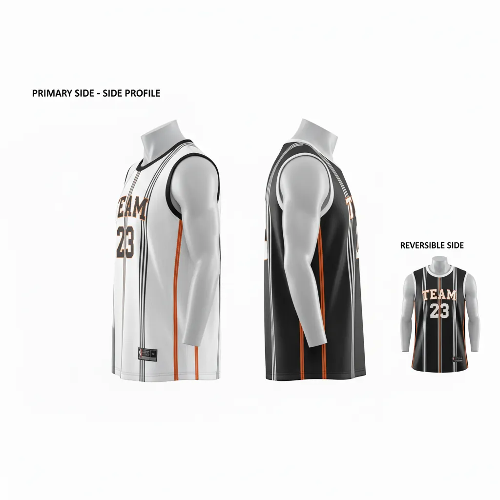 Custom Basketball Round Neck Reversible Jersey - White, Black, Orange - Reversible Roundneck Jersey Vertical Stripes - Side View - HAMCO Sports Inc.