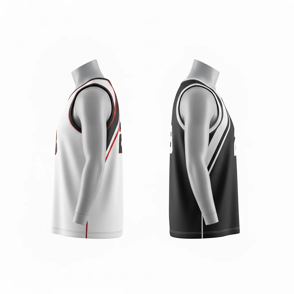 Custom Basketball Round Neck Reversible Jersey - White, Black, Red - Reversible Roundneck Jersey Diagonal Slash - Side View - HAMCO Sports Inc.