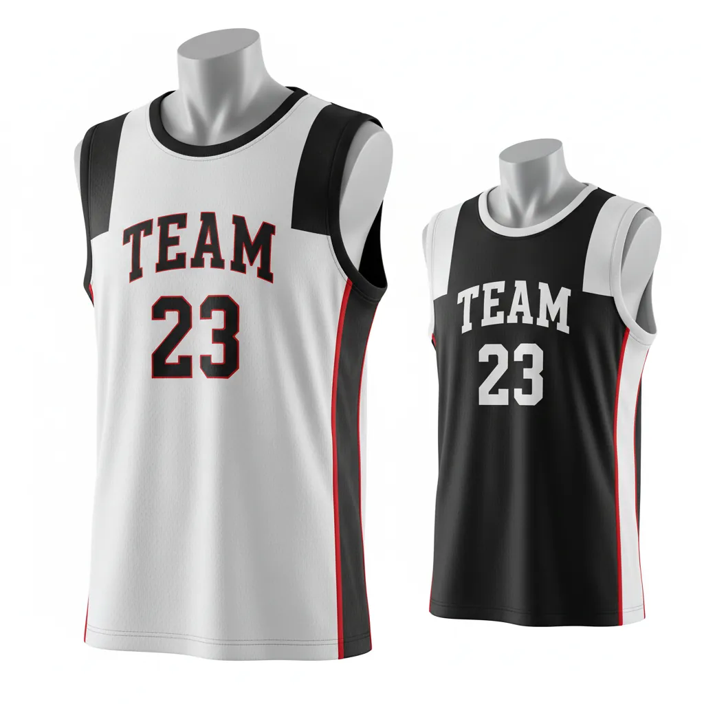 Custom Basketball Round Neck Reversible Jersey - White, Black, Red - Reversible Roundneck Jersey Retro Color Block - Front View - HAMCO Sports Inc.