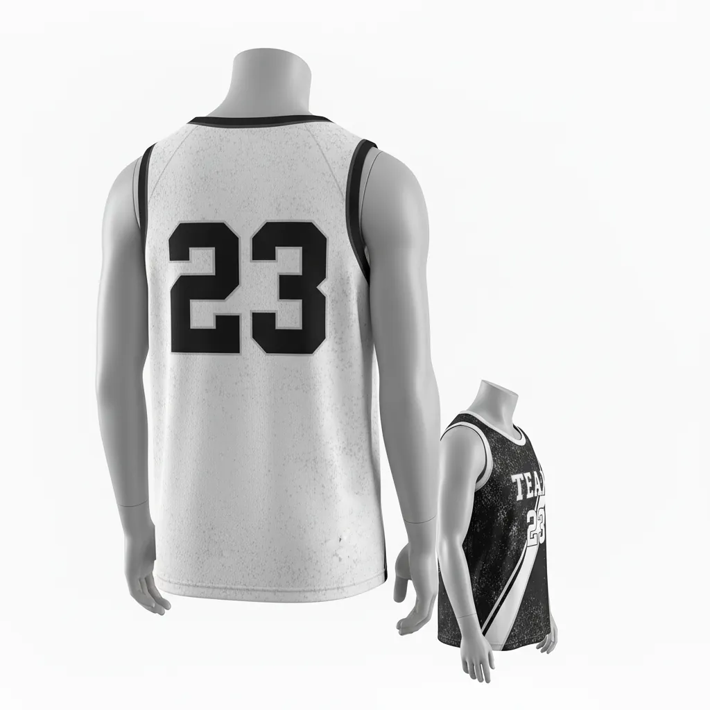 Custom Basketball Round Neck Reversible Jersey - White, Black, White - Reversible Roundneck Jersey Texture Pattern - Back View - HAMCO Sports Inc.