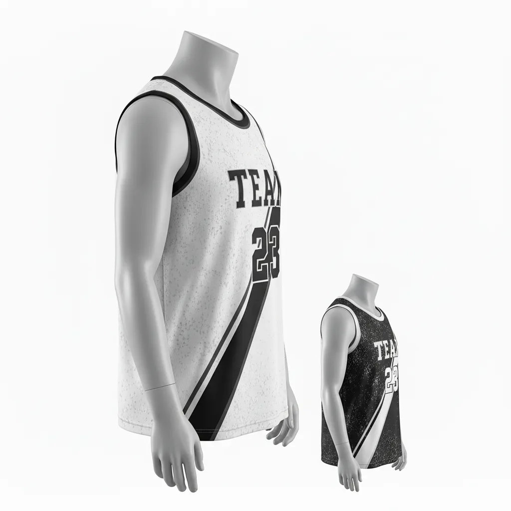 Custom Basketball Round Neck Reversible Jersey - White, Black, White - Reversible Roundneck Jersey Texture Pattern - Front View - HAMCO Sports Inc.