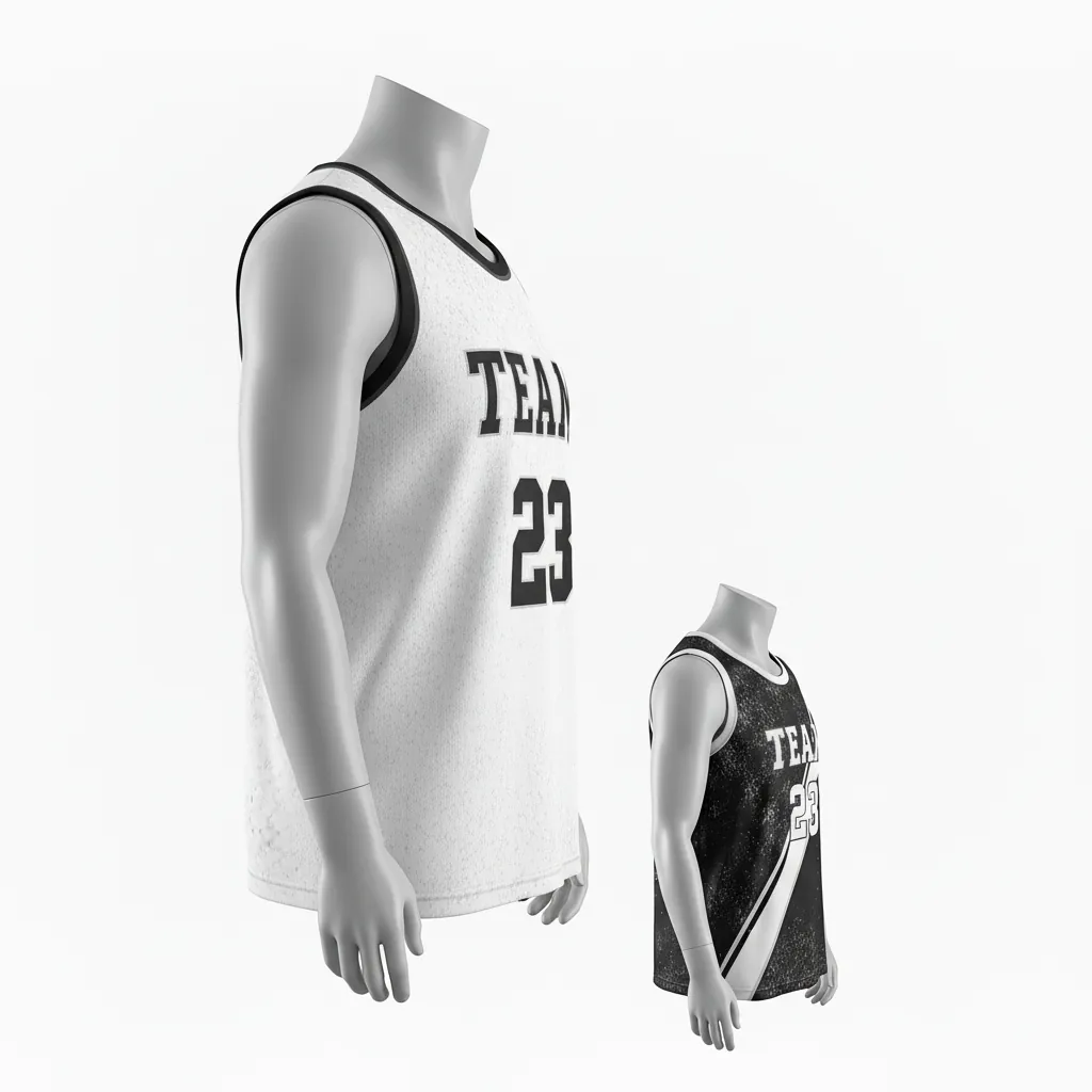 Custom Basketball Round Neck Reversible Jersey - White, Black, White - Reversible Roundneck Jersey Texture Pattern - Side View - HAMCO Sports Inc.