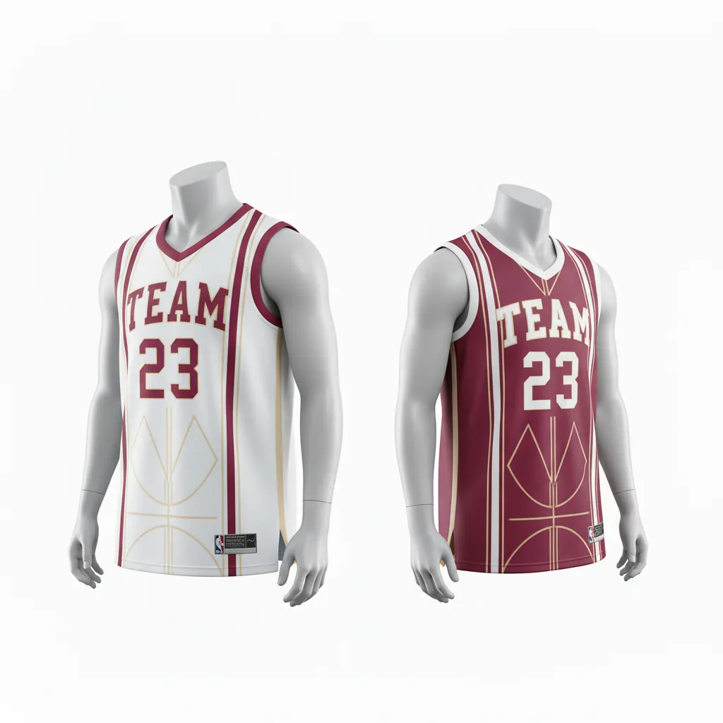 Custom Basketball Round Neck Reversible Jersey - White, Burgundy, Cream - Reversible Roundneck Jersey Vertical Stripes - Front View - HAMCO Sports Inc.