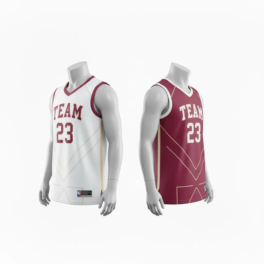 Custom Basketball Round Neck Reversible Jersey - White, Burgundy, Cream - Reversible Roundneck Jersey Vertical Stripes - Side View - HAMCO Sports Inc.