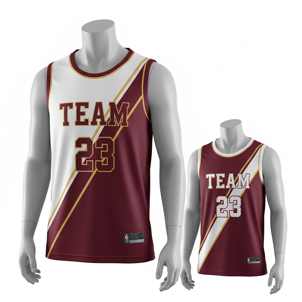 Custom Basketball Round Neck Reversible Jersey - White, Burgundy, Gold - Reversible Roundneck Jersey Diagonal Slash - Front View - HAMCO Sports Inc.