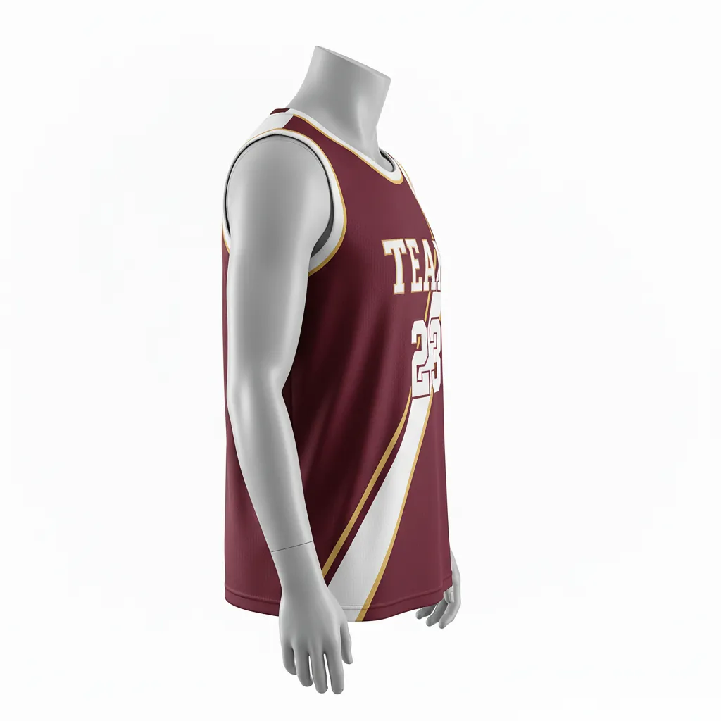 Custom Basketball Round Neck Reversible Jersey - White, Burgundy, Gold - Reversible Roundneck Jersey Diagonal Slash - Side View - HAMCO Sports Inc.