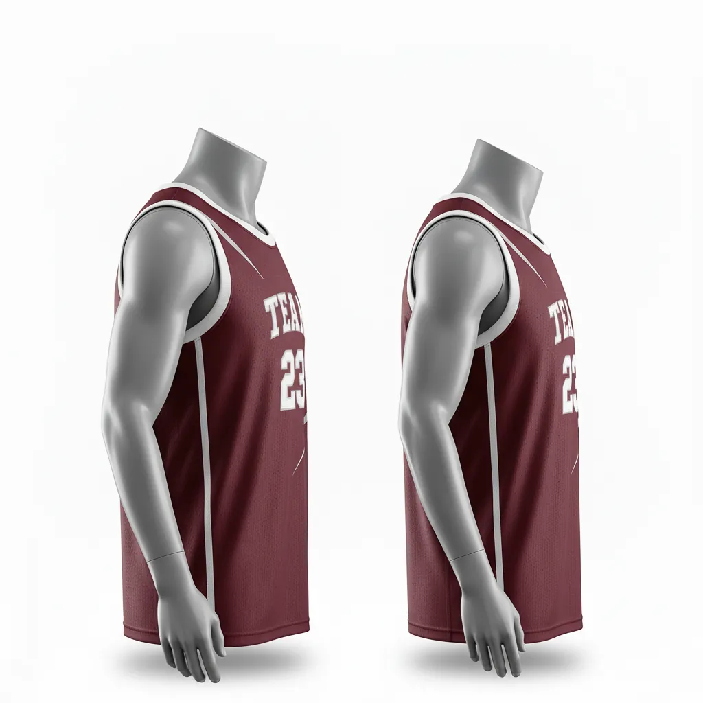 Custom Basketball Round Neck Reversible Jersey - White, Burgundy, Silver - Reversible Roundneck Jersey Texture Pattern - Side View - HAMCO Sports Inc.