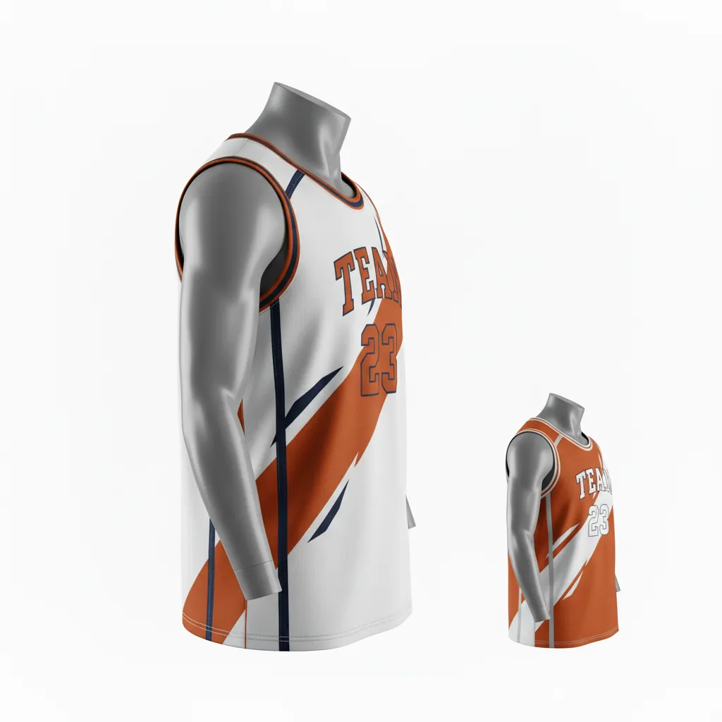 Custom Basketball Round Neck Reversible Jersey - White, Burnt, Orange... - Reversible Roundneck Jersey Asymmetric Angular - Front View - HAMCO Sports Inc.